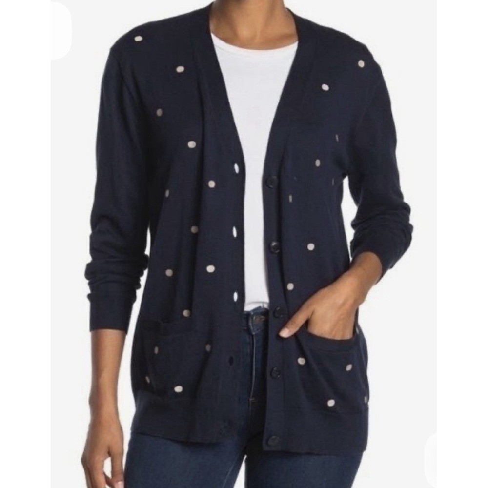 J Crew Boyfriend Dots Cotton M3976 Navy Blue Polka Dot Sweater Cardigan Size XS